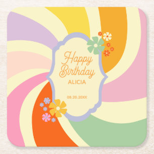 Retro 70s Groovy Wave Flower Happy Birthday Square Paper Coaster