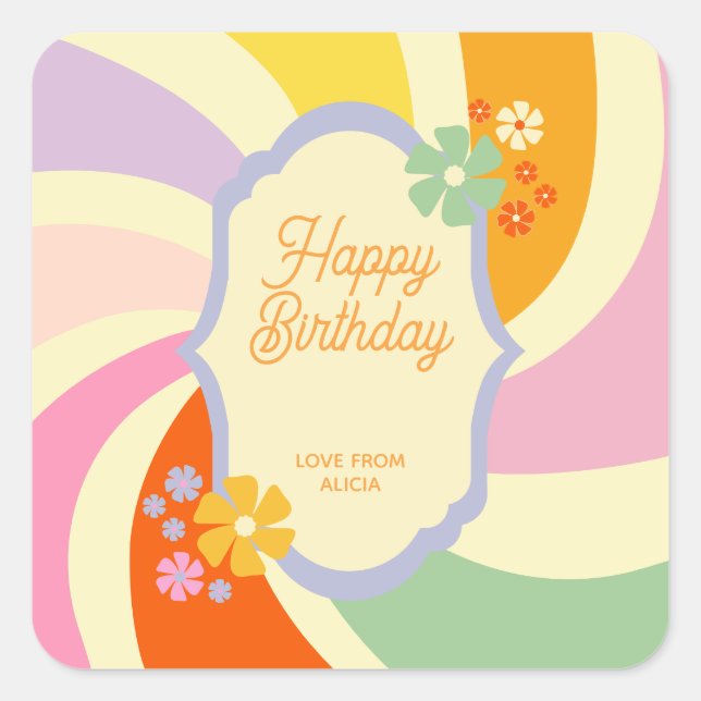 Retro 70s Groovy Wave Flower Happy Birthday Square Sticker (Front)