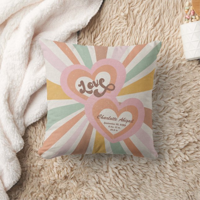 Retro 70s Hippy Love Heart Baby Girl Birth Stats Cushion (Blanket)