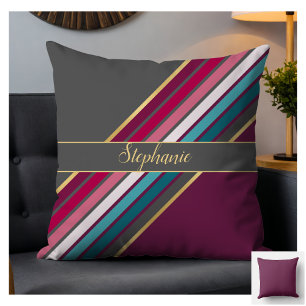 Retro 70s Inspired Grey and Purple Stripes Cushion