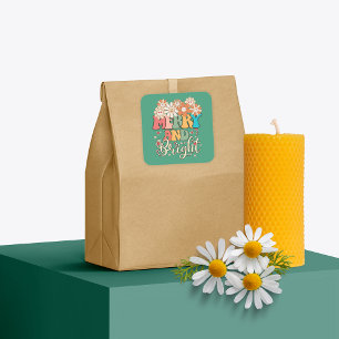 Retro 70's Merry and Bright Happy Flowers Square Sticker