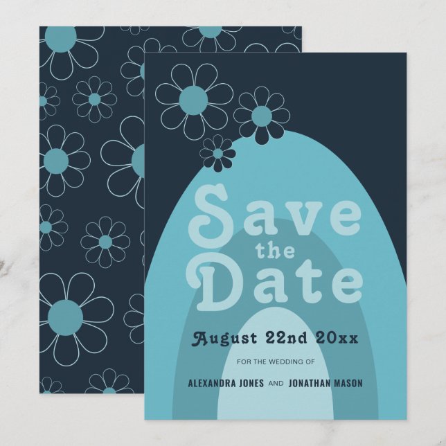 Retro 70s Mid Century Modern Blue Wedding Save The Date (Front/Back)