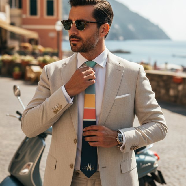 Retro 70s Mod Navy Pink Stripes Pattern Monogram Tie (Creator Uploaded)