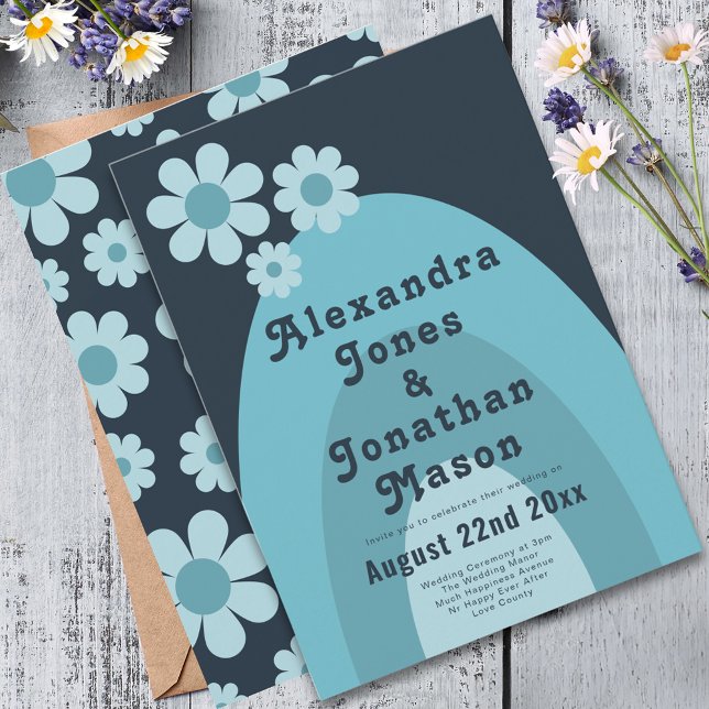 Retro 70s Modern Blue Wedding Invitation (Modern retro daisy arch blue groovy typography wedding invitation )