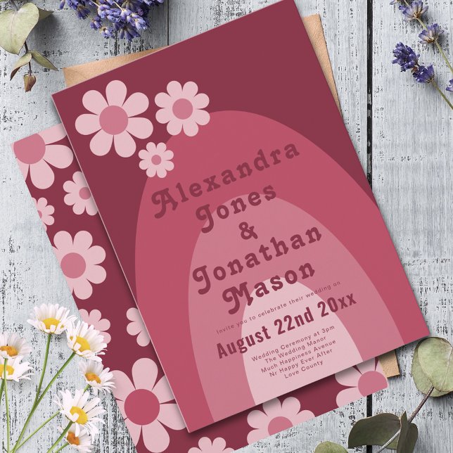 Retro 70s Modern Burgundy Pink Wedding Invitation (Modern retro daisy arch groovy typography pink wedding invitation )