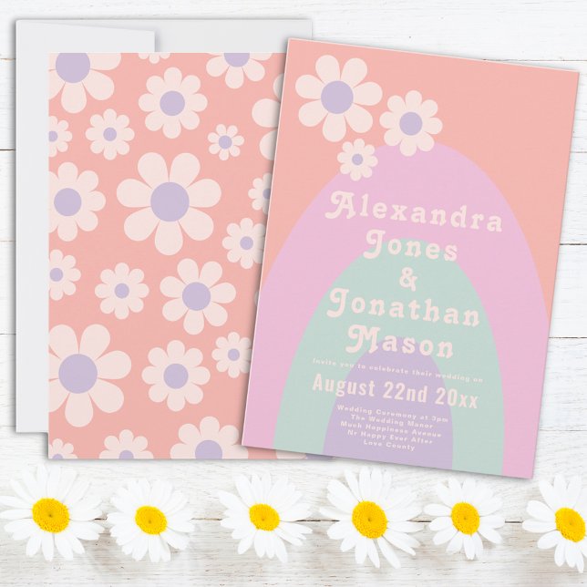 Retro 70s Modern Pastel Wedding Invitation (Retro 70s vintage daisy arch pastel wedding invitation with groovy typography )