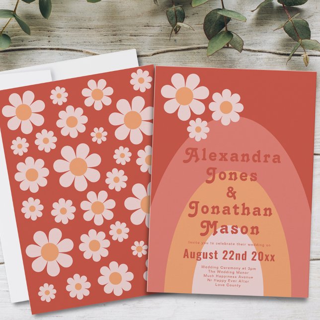 Retro 70s Modern Peach Wedding Invitation (Retro 70s vintage daisy arch orange wedding invitation with groovy typography )
