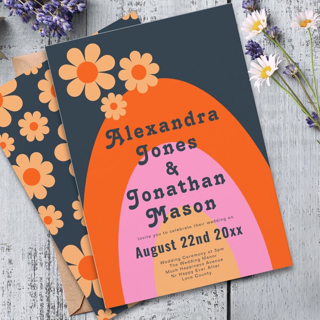 Retro 70s Modern Wedding Invitation (Modern retro daisy arch groovy typography navy blue orange pink and yellow wedding invitation )