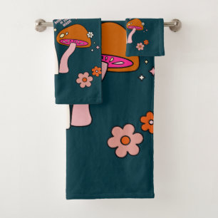 Retro 70s Mushrooms And Flowers Navy Blue Bath Towel Set