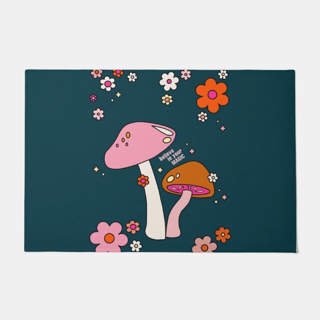 Retro 70s Mushrooms And Flowers Navy Blue Doormat (Front)