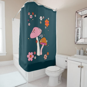 Retro 70s Mushrooms And Flowers Navy Blue Shower Curtain