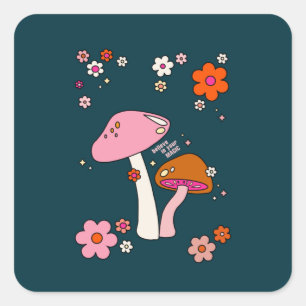 Retro 70s Mushrooms And Flowers Navy Blue Square Sticker