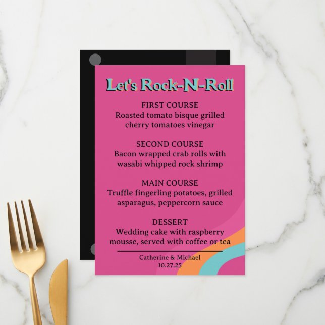 Retro 70s Music Cassette Tape Groovy Fuchsia Fun Menu (Front/Back In Situ)