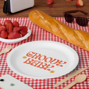 Retro 70s Mustard Orange Hippie Groovy Baby Paper Plate