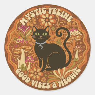Retro 70s Mystic Feline Groovy Black Cat & Mushroo Classic Round Sticker