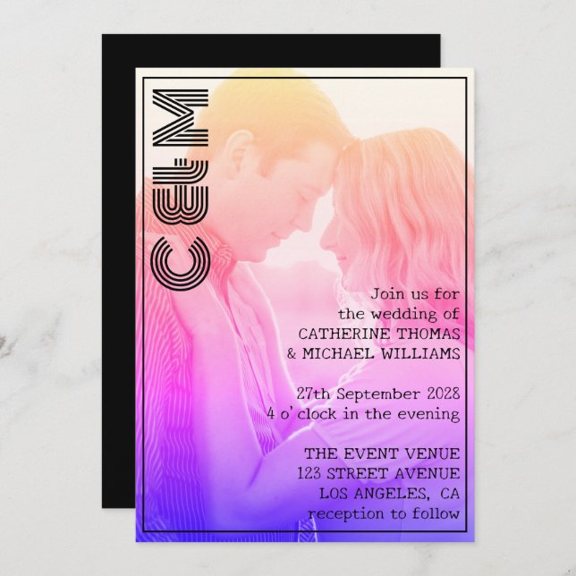 Retro 70s Name Monogram And Photo Wedding Invitation (Front/Back)
