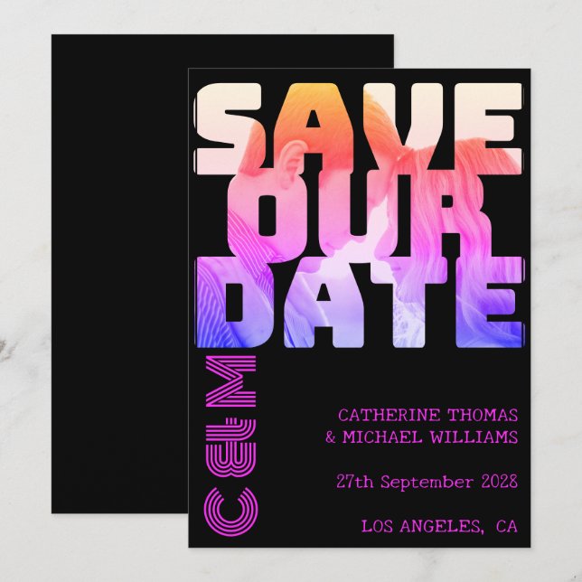 Retro 70s Name Monogram And Photo Wedding Save The Date (Front/Back)