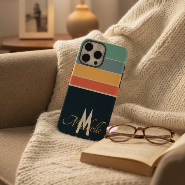 Retro 70s Navy Blue Pink & Yellow Stripes Monogram Case-Mate iPhone Case (Creator Uploaded)