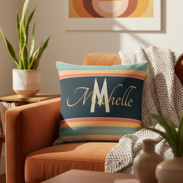 Retro 70s Navy & Teal Striped Mustard Custom Name Cushion (Creator Uploaded)