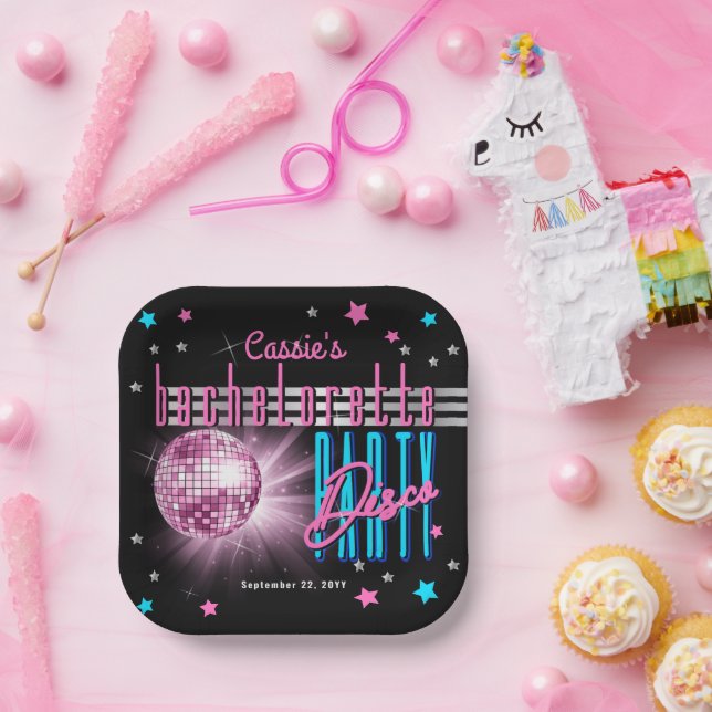 Retro 70's Neon Look Disco Ball Bachelorette Paper Plate (Party)