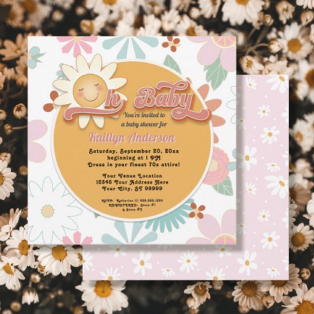 Retro 70s Oh Baby Daisy Pink Peach Girl Shower Invitation (Creator Uploaded)