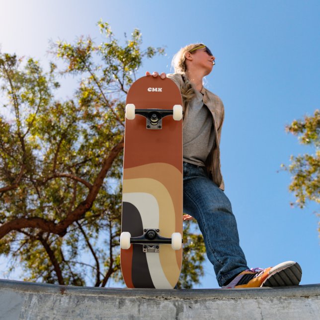 Retro 70s Orange Abstract Groovy Hippie Monogram Skateboard (Outdoor 1)