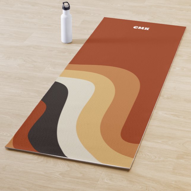 Retro 70s Orange Abstract Groovy Hippie Monogram Yoga Mat (In Situ)