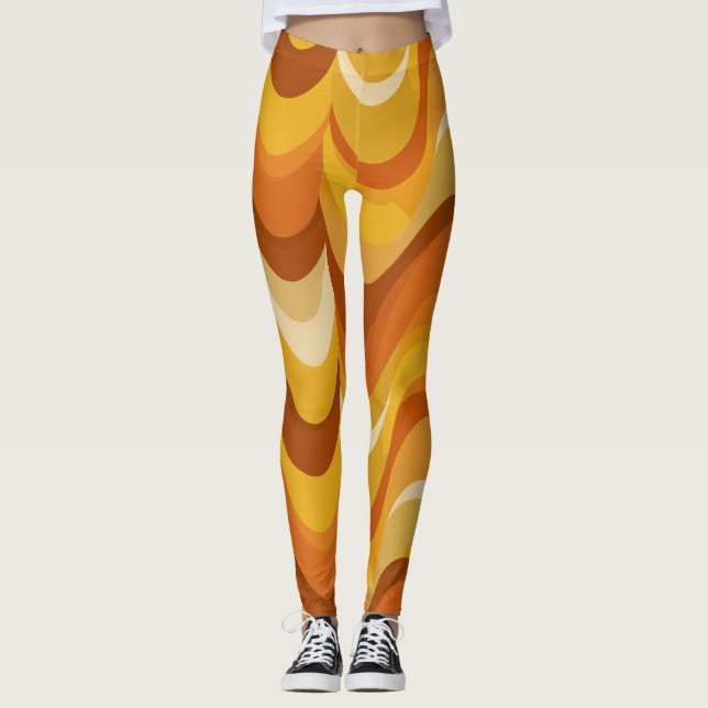 Retro 70s Orange Mustard Wave Abstract Pattern Leggings (Front)