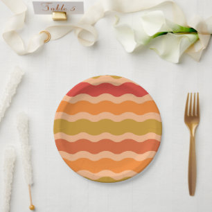 Retro 70s orange red green Groovy Waves   Paper Plate