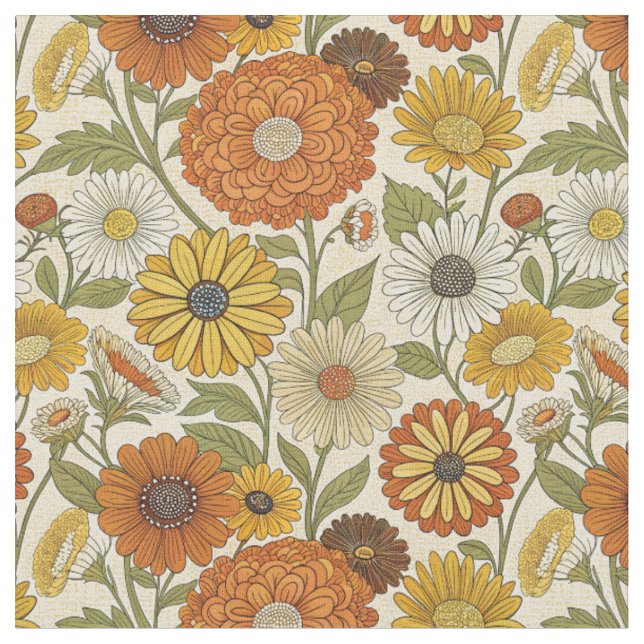 Retro 70s Orange Yellow Daisy Floral Boho Pattern Fabric (Close Up)
