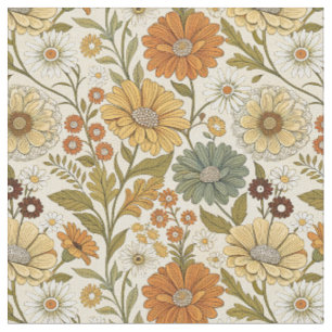 Retro 70s Orange Yellow Daisy Flowers Boho Pattern Fabric