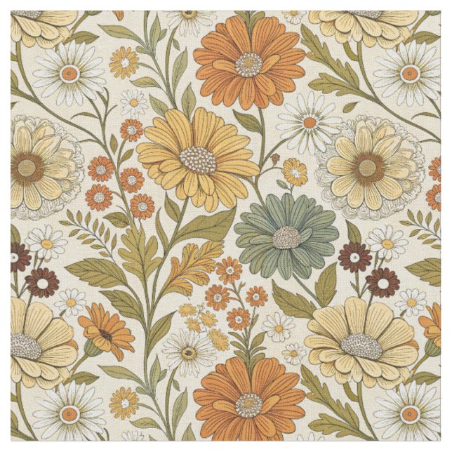 Retro 70s Orange Yellow Daisy Flowers Boho Pattern Fabric (Close Up)