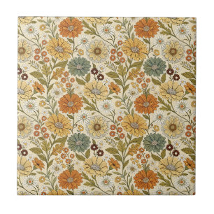 Retro 70s Orange Yellow Daisy Flowers Boho Pattern Tile