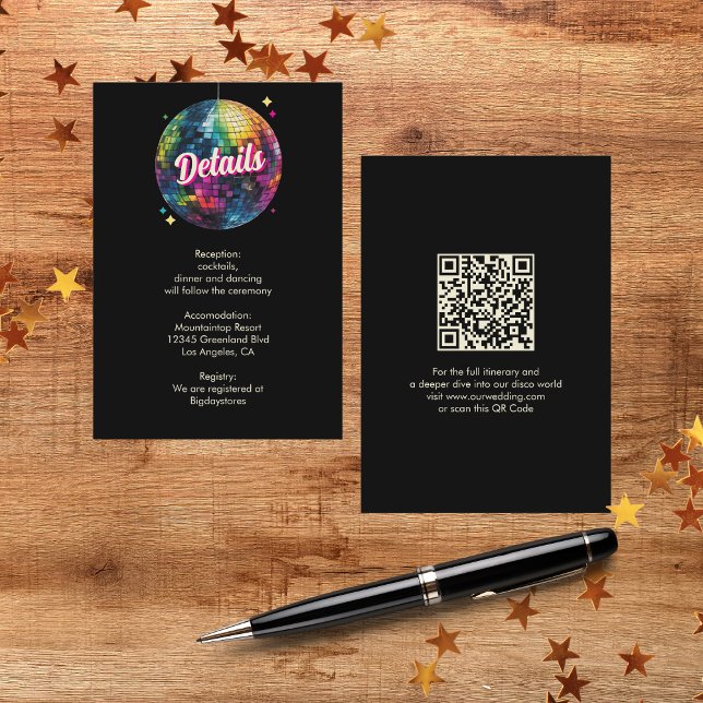 Retro 70's Party Disco Ball Sparkle Glam Wedding  Enclosure Card (Flat lay country music retro vibes wedding groovy musical night glamour QR Code Details Card)