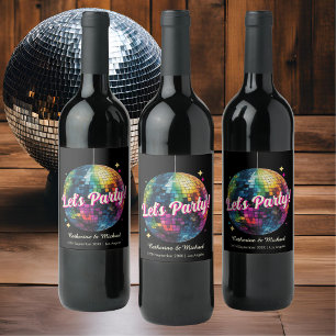 Retro 70's Party Disco Ball Sparkle Glam Wedding Wine Label