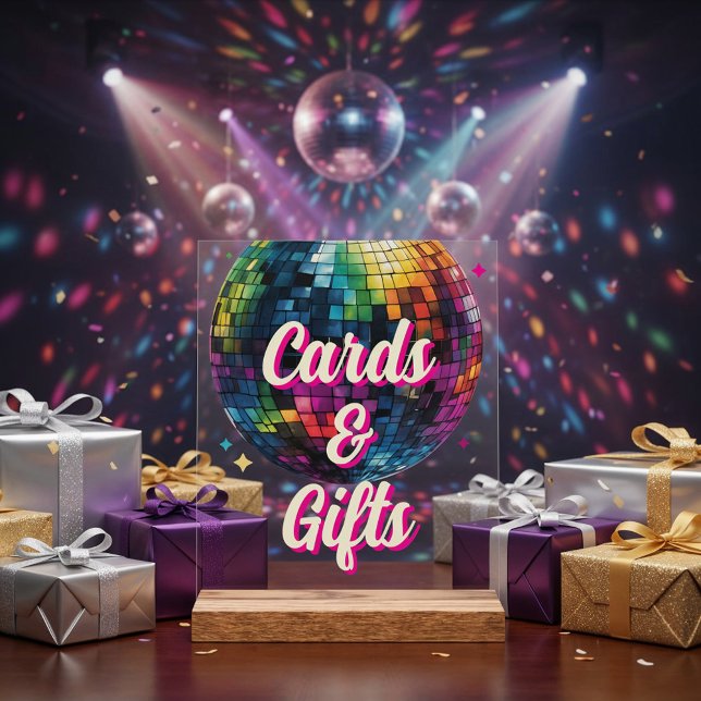 Retro 70's Party Disco Ball Wedding Cards & Gifts Acrylic Sign (Front view retro 70s disco ball wedding sparkly vintage party glam festive Cards & Gifts Sign)