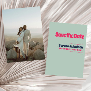 Retro 70s Pastel Blue Pink Groovy Typography Photo Save The Date