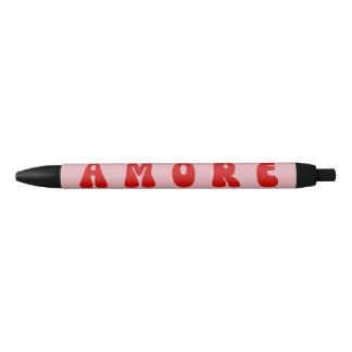 Retro 70s Pink and Red AMORE Bubble Font Black Ink Pen