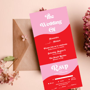 Retro 70s Pink and Red Neon Wedding All In One Invitation
