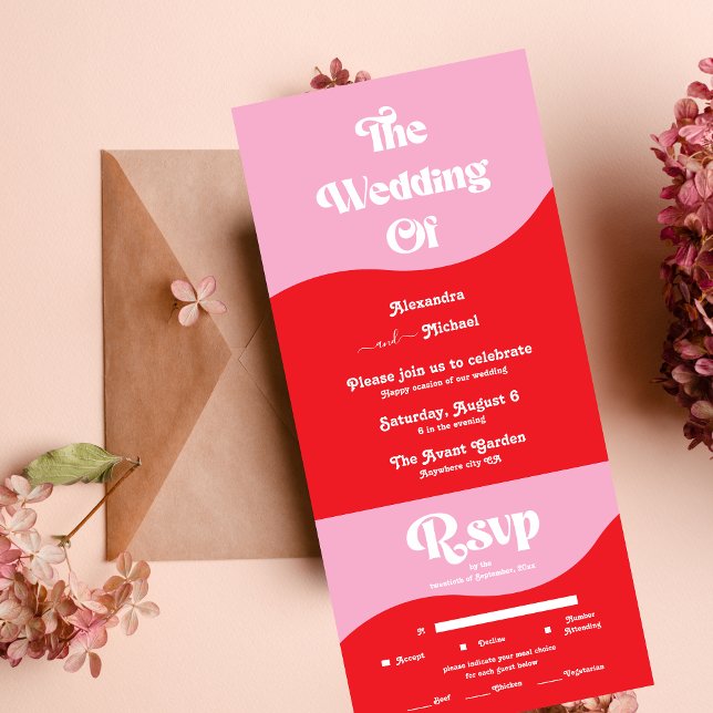Retro 70s Pink and Red Neon Wedding All In One Invitation (Creator Uploaded)
