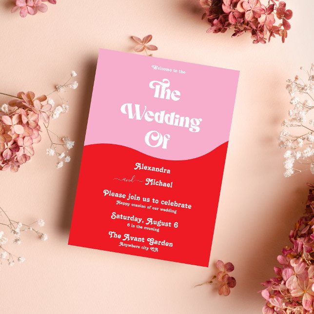 Retro 70s Pink and Red Neon Wedding Invitation (Creator Uploaded)