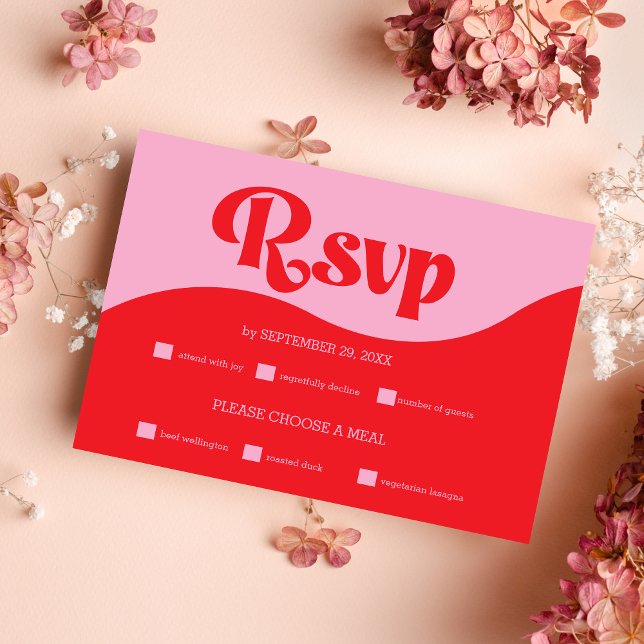 Retro 70s Pink and Red Neon Wedding RSVP Card (Creator Uploaded)