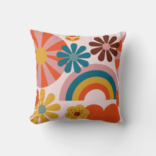 Retro 70's pink floral, rainbow and heart motifs  cushion
