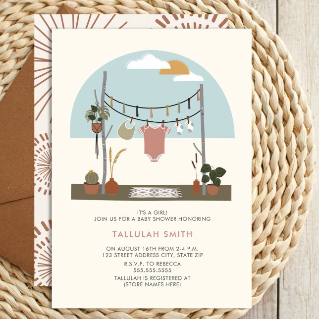 Retro 70s Plants Clothesline Baby Shower Girl Invitation (Creator Uploaded)