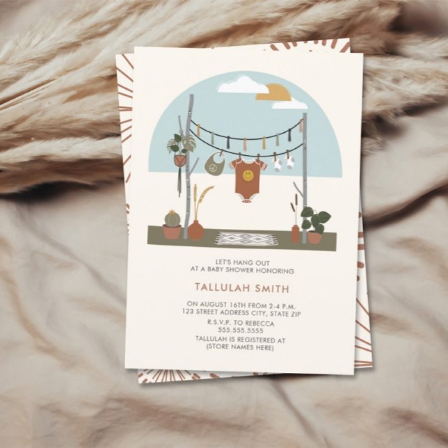 Retro 70s Plants Clothesline Neutral Baby Shower Invitation (Creator Uploaded)