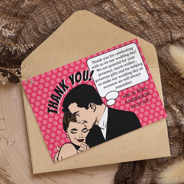 Retro 70's Pop Art Comic Book Fun Romantic Wedding Thank You Card (Creator Uploaded)