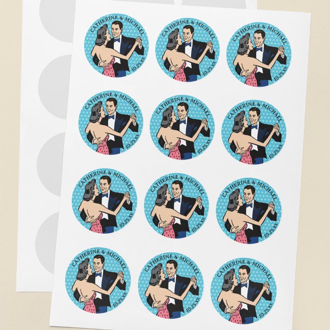 Retro 70's Pop Art Comic Book Romantic Wedding Classic Round Sticker (Creator Uploaded)