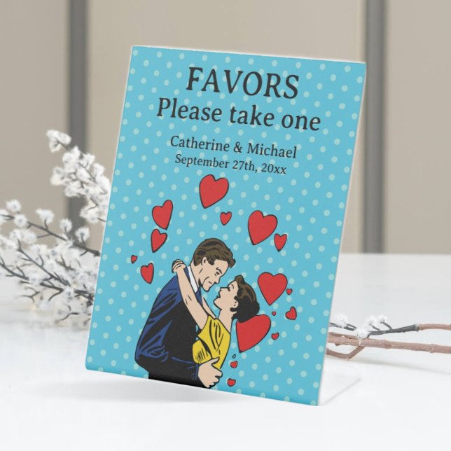 Retro 70's Pop Art Comic Book Romantic Wedding  Pedestal Sign (Creator Uploaded)