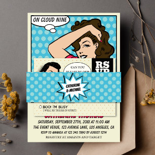 Retro 70's Pop Art Comic Book Wedding Blue Invitation Belly Band