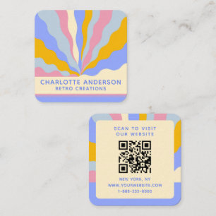 Retro 70s QR Code Colourful Abstract Rays Square Business Card